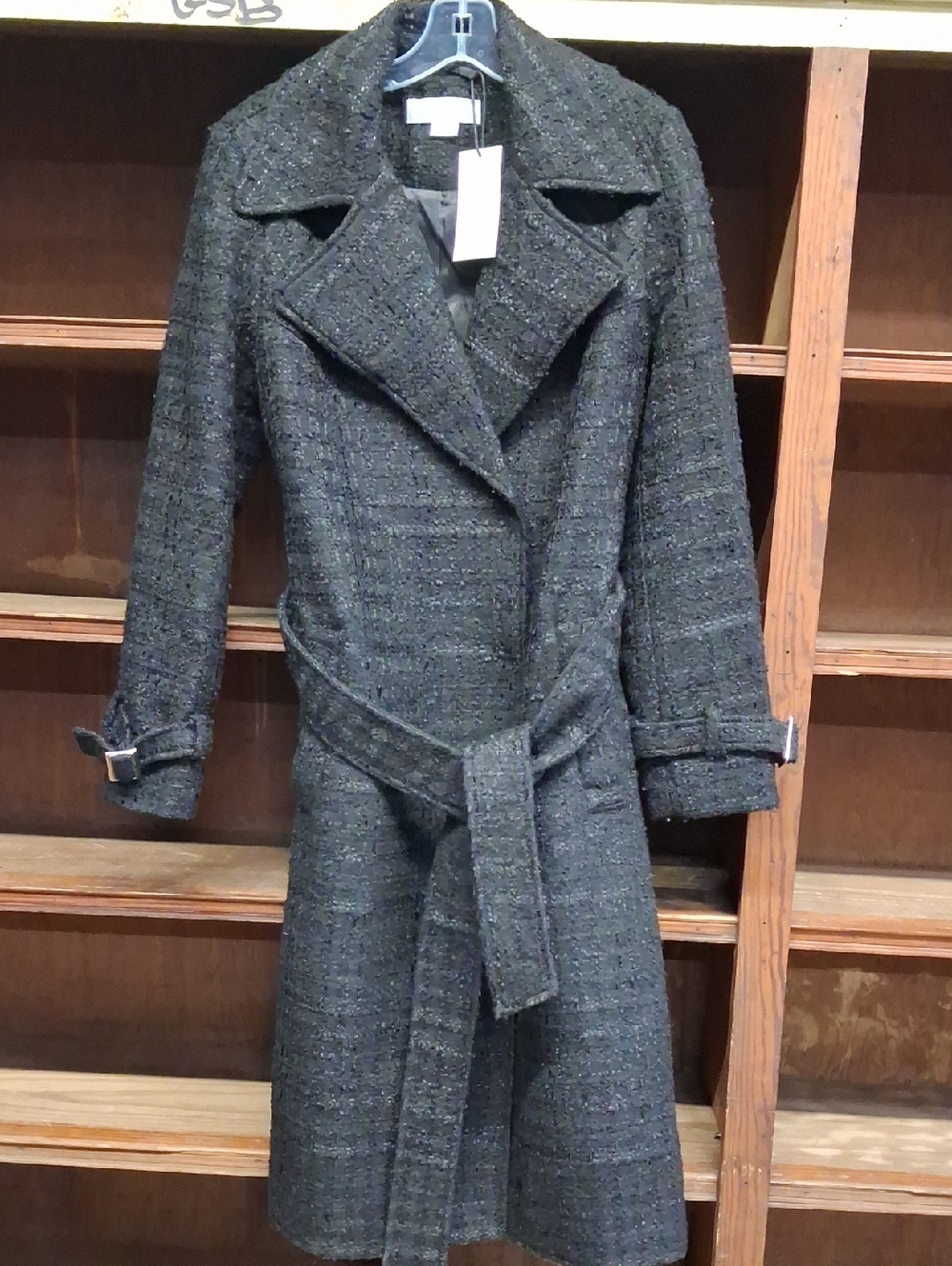 NWT Womens Noize Francie-S Long Length Vegan Wool Trench Coat Black/Gray